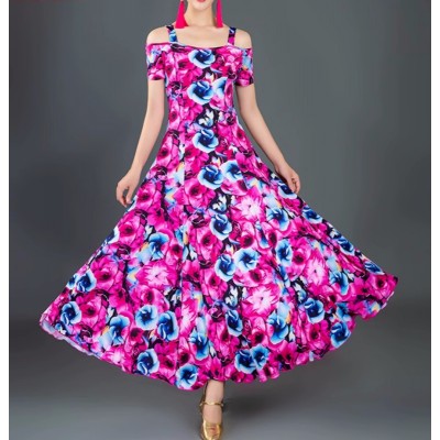 Blue with pink flowers ballroom dance dresses for women girls waltz tango foxtrot smooth dance long swing skirts gown for lady